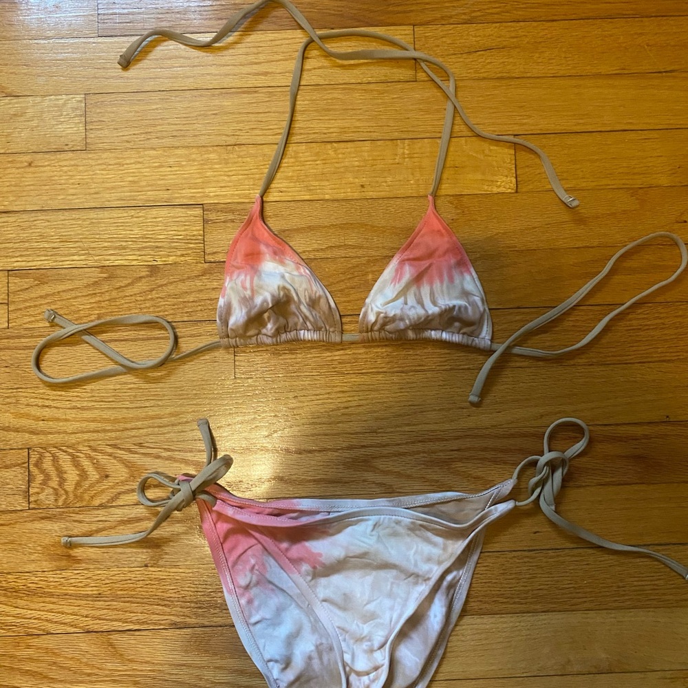 Lucky Brand Pink and Tan Bikini Set with Adjustable Ties